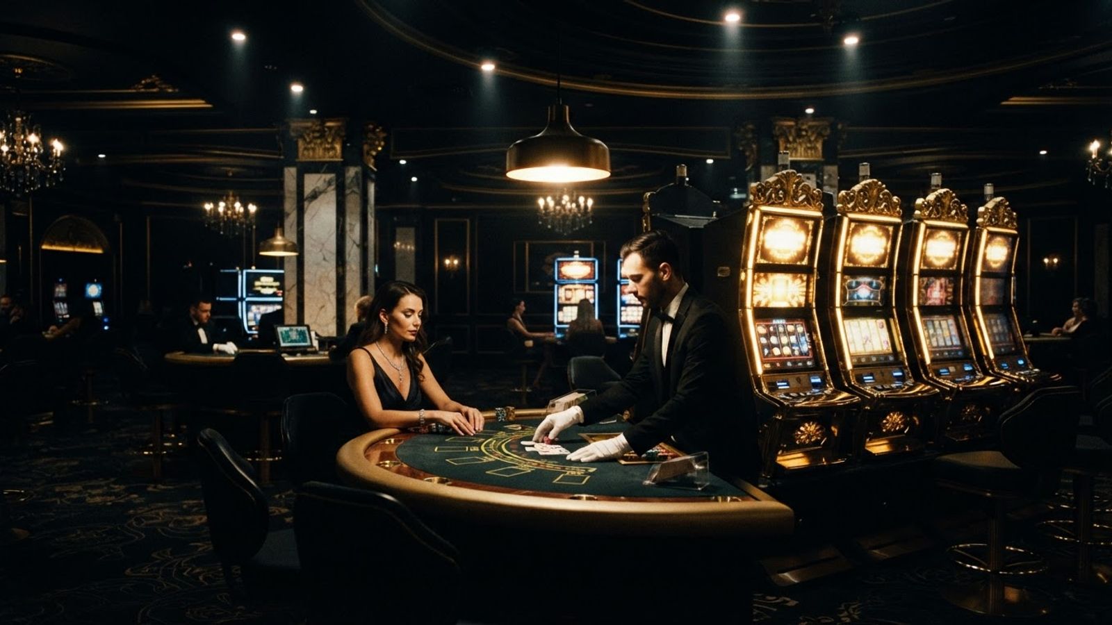 Golden casino hero scene with slot machines