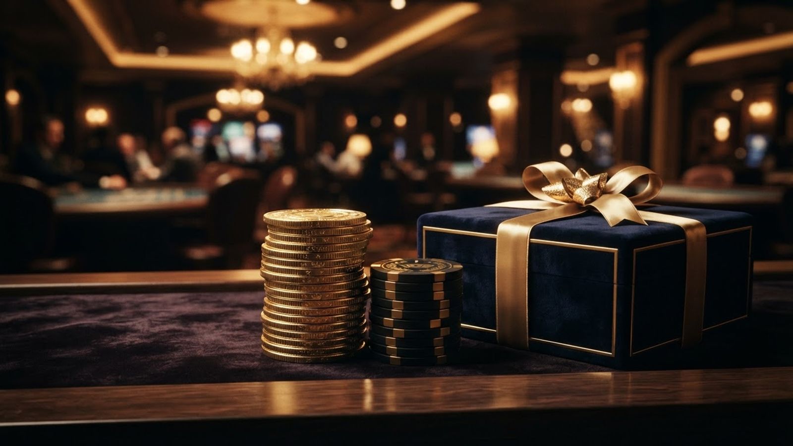 Welcome bonus golden coins and chips stacked