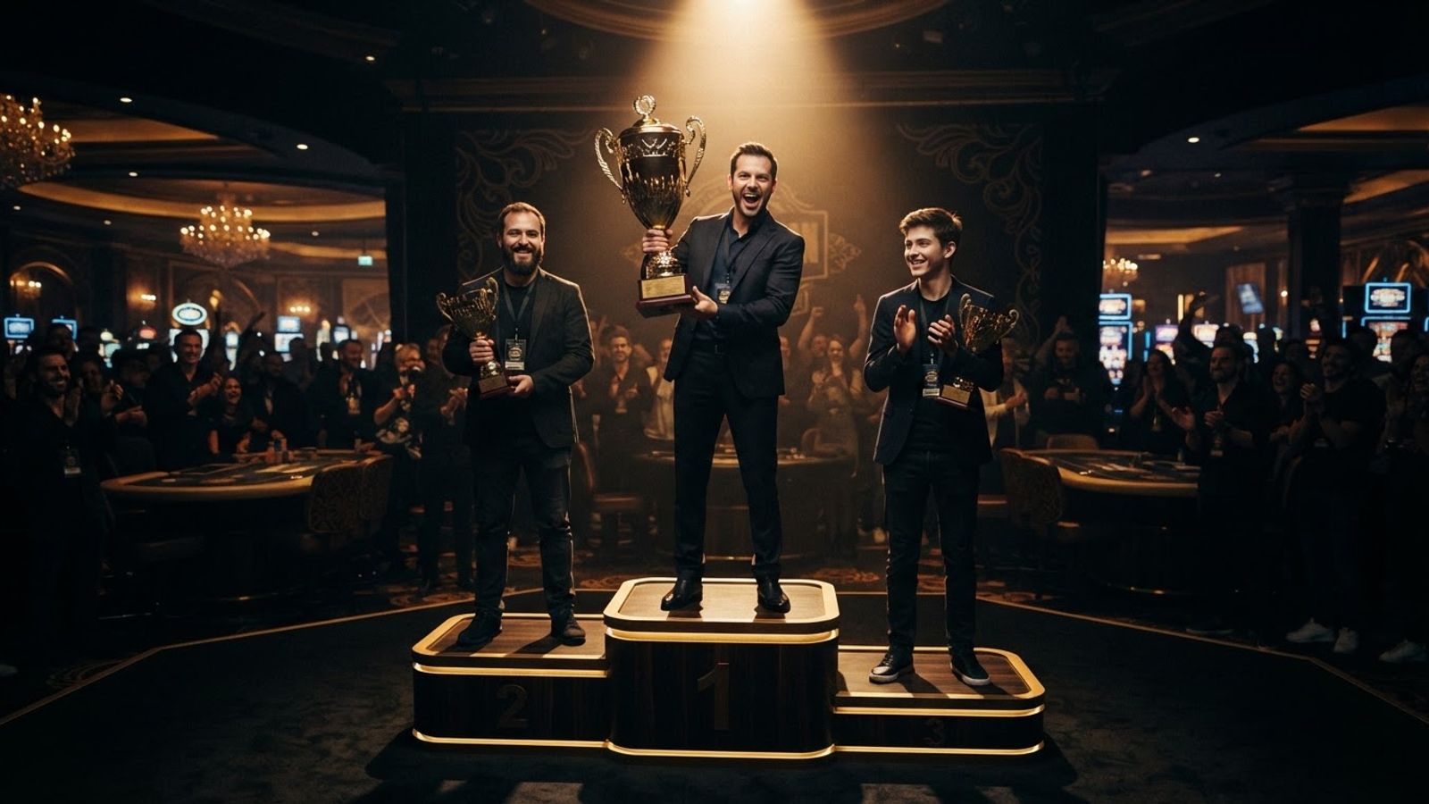 Casino tournament podium with golden trophies