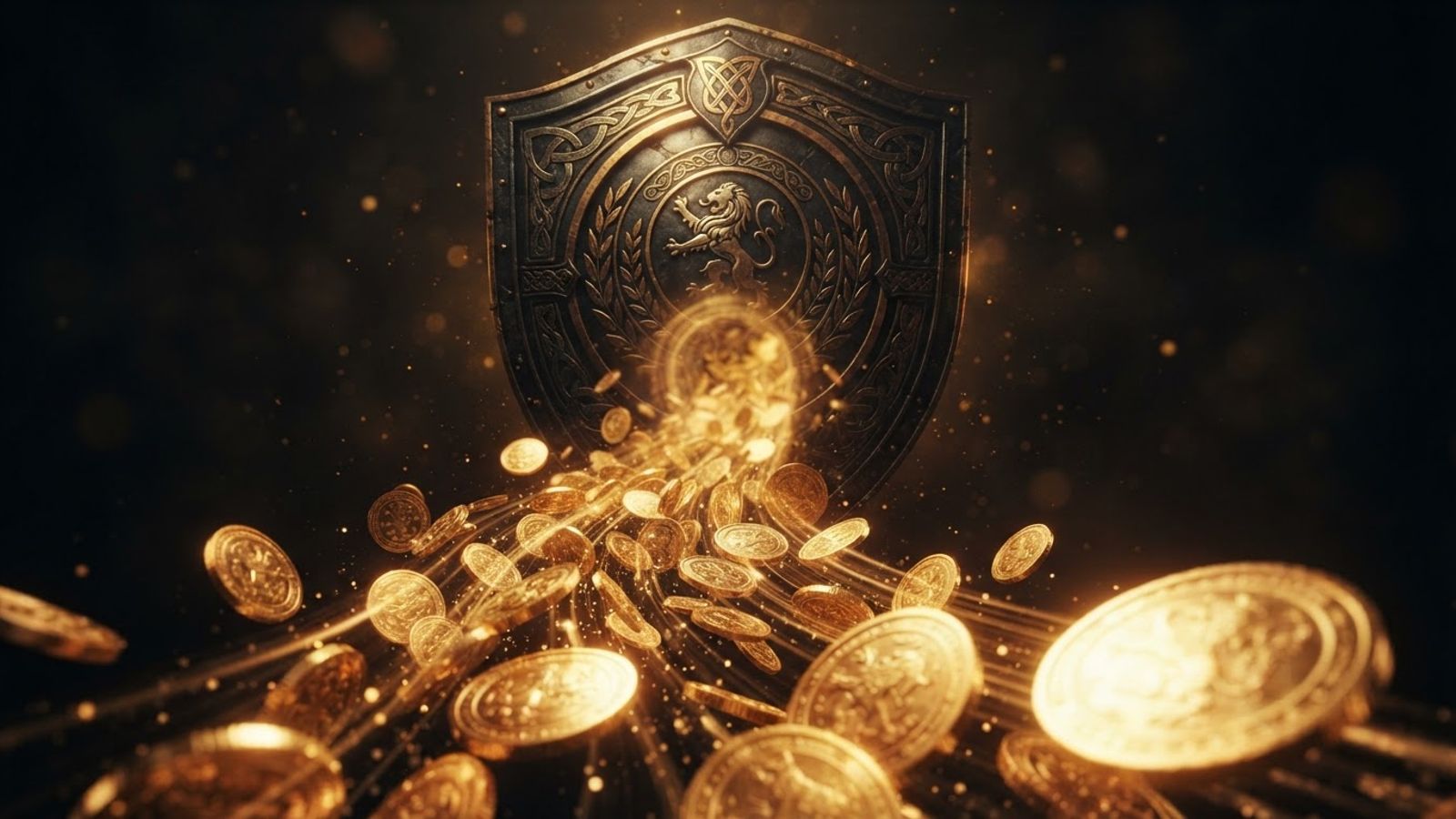 Cashback money flowing back golden shield