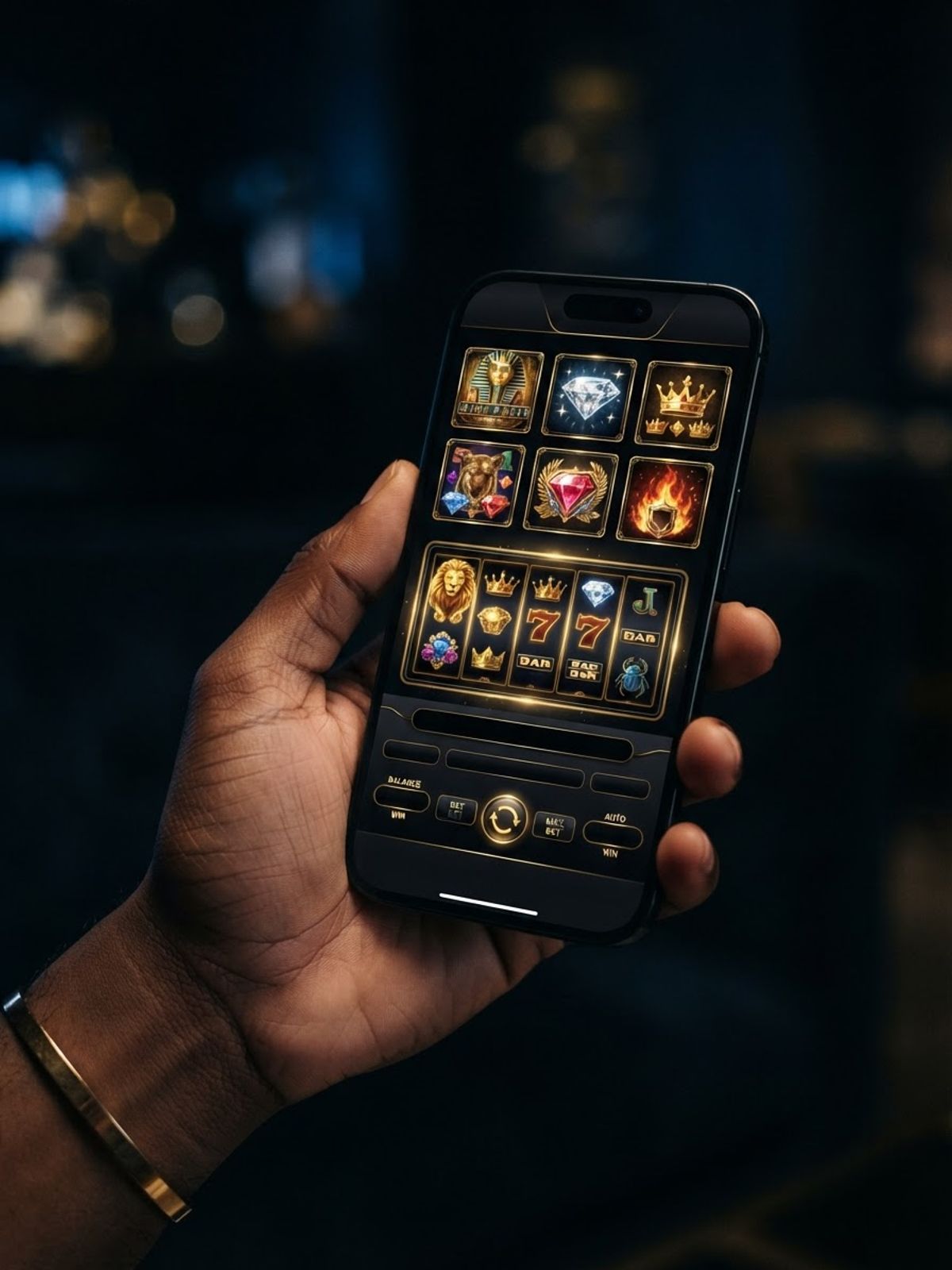 Smartphone showing dark casino interface with golden games